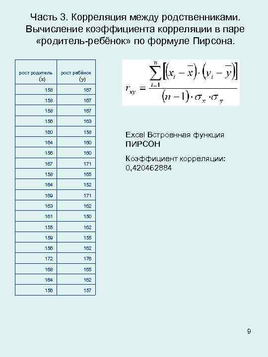 Часть 3. Корреляция между родственниками. Вычисление коэффициента корреляции в паре «родитель-ребёнок» по формуле Пирсона.