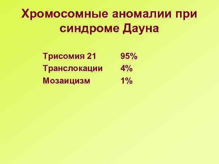 Хромосомные аномалии при синдроме Дауна Трисомия 21 Транслокации Мозаицизм 95% 4% 1% 