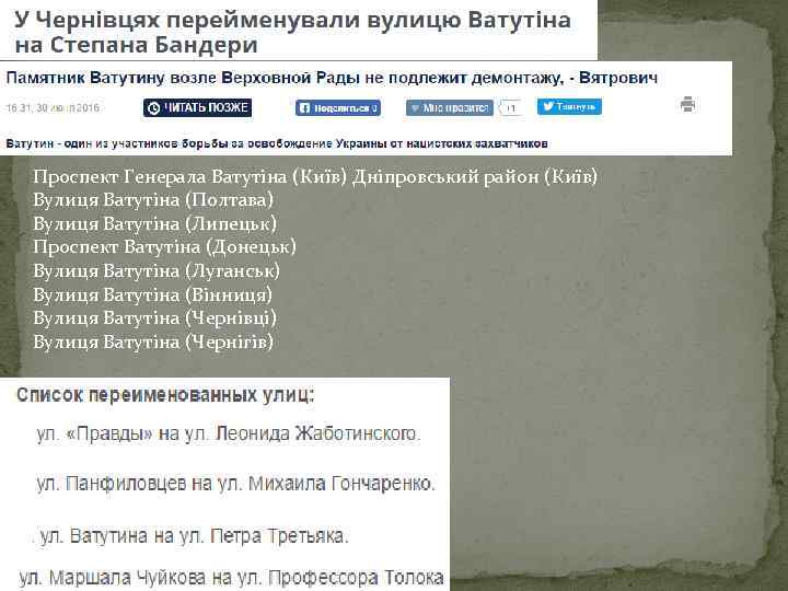 Проспект Генерала Ватутіна (Київ) Дніпровський район (Київ) Вулиця Ватутіна (Полтава) Вулиця Ватутіна (Липецьк) Проспект