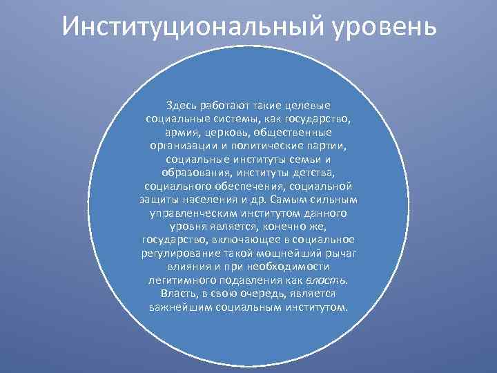 Институциональный уровень Здесь работают такие целевые социальные системы, как государство, армия, церковь, общественные организации