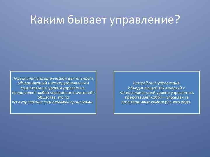 Каким бывает управление? Первый тип управленческой деятельности, объединяющий институциональный и социетальный уровни управления, представляет