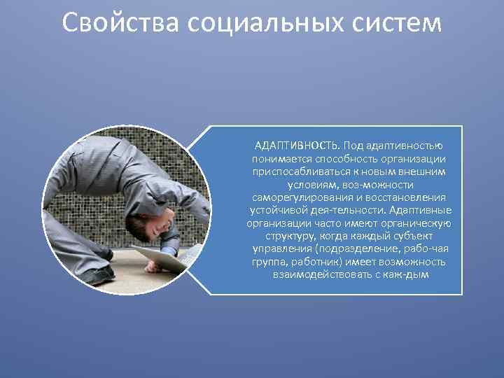 Свойства социальных систем АДАПТИВНОСТЬ. Под адаптивностью понимается способность организации приспосабливаться к новым внешним условиям,