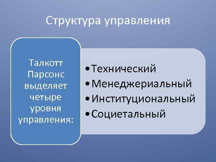 Структура управления Талкотт Парсонс выделяет четыре уровня управления: • Технический • Менеджериальный • Институциональный