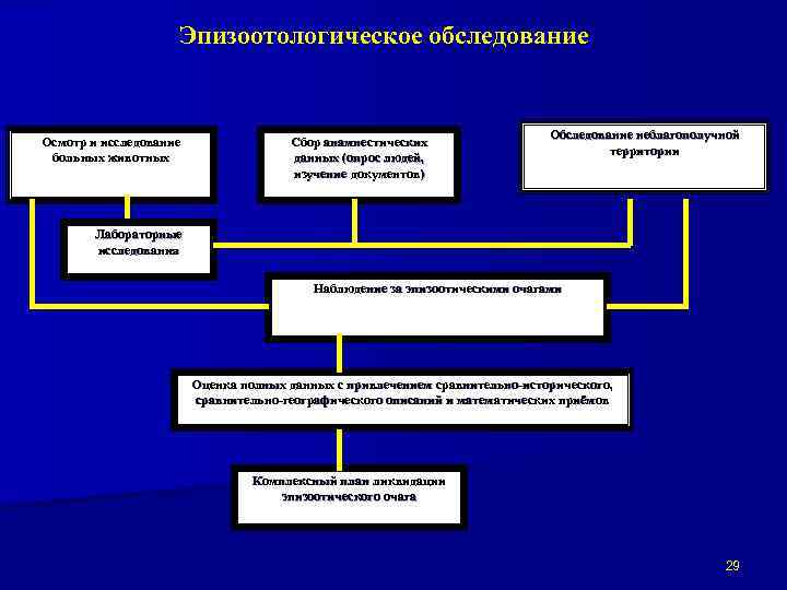 Эпизоотологическое обследование Осмотр и исследование больных животных Сбор анамнестических данных (опрос людей, изучение документов)