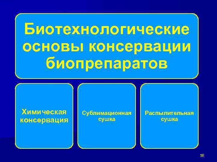 Биотехнологические основы консервации биопрепаратов Химическая консервация Сублимационная сушка Распылительная сушка 56 