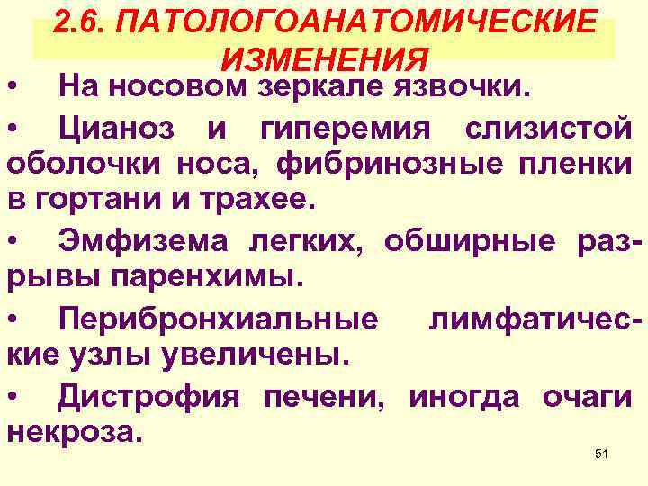 2. 6. ПАТОЛОГОАНАТОМИЧЕСКИЕ ИЗМЕНЕНИЯ • На носовом зеркале язвочки. • Цианоз и гиперемия слизистой