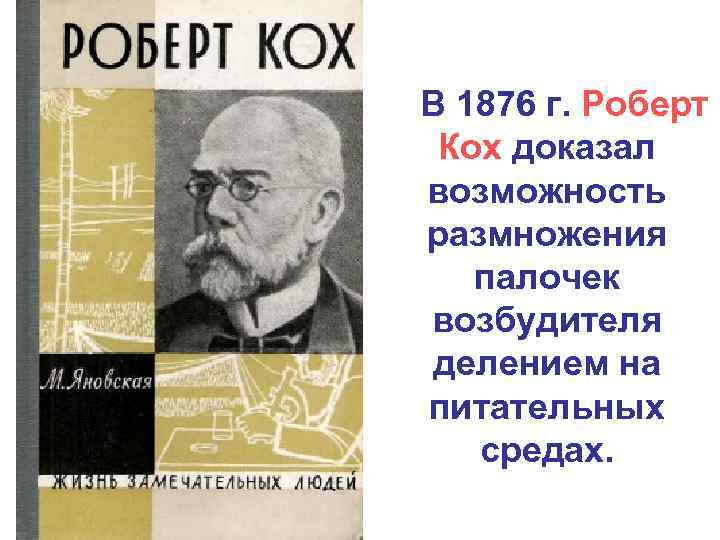  В 1876 г. Роберт Кох доказал возможность размножения палочек возбудителя делением на питательных