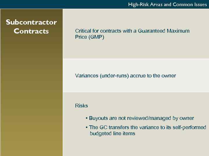 High-Risk Areas and Common Issues Subcontractor Contracts Critical for contracts with a Guaranteed Maximum