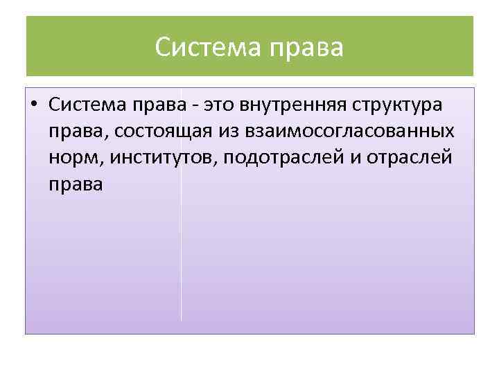 Система права • Система права - это внутренняя структура права, состоящая из взаимосогласованных норм,