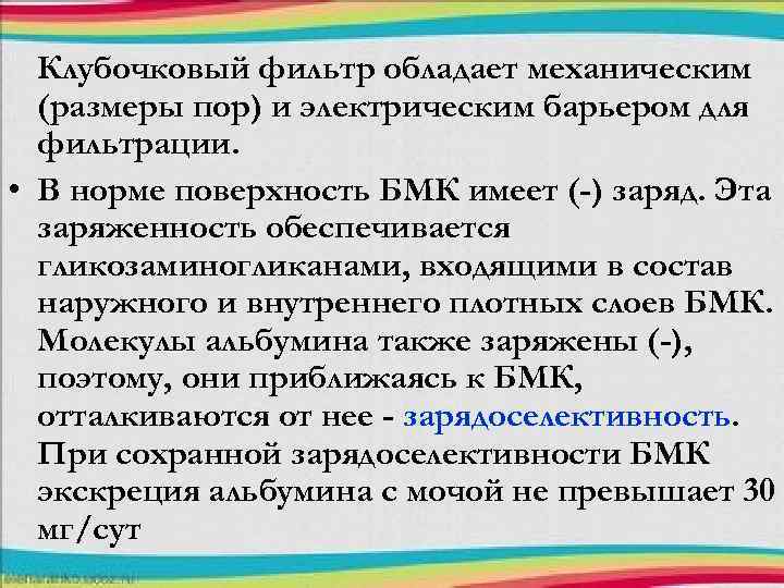 Клубочковый фильтр обладает механическим (размеры пор) и электрическим барьером для фильтрации. • В норме