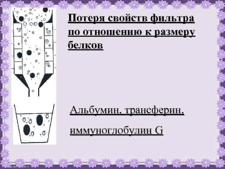 Потеря свойств фильтра по отношению к размеру белков Альбумин, трансферин, иммуноглобулин G 