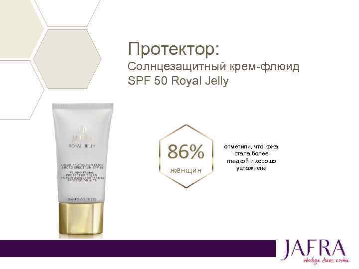 Протектор: Солнцезащитный крем-флюид SPF 50 Royal Jelly 86% женщин отметили, что кожа стала более