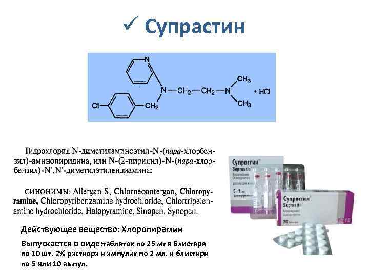ü Супрастин Действующее вещество: Хлоропирамин Выпускается в виде: таблеток по 25 мг в блистере