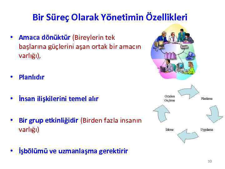 Bir Süreç Olarak Yönetimin Özellikleri • Amaca dönüktür (Bireylerin tek başlarına güçlerini aşan ortak