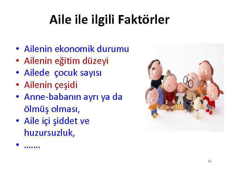 Aile ilgili Faktörler Ailenin ekonomik durumu Ailenin eğitim düzeyi Ailede çocuk sayısı Ailenin çeşidi