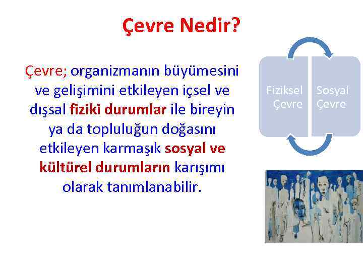 Çevre Nedir? Çevre; organizmanın büyümesini ve gelişimini etkileyen içsel ve dışsal fiziki durumlar ile