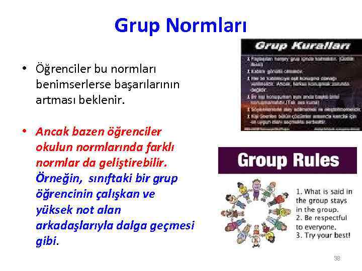 Grup Normları • Öğrenciler bu normları benimserlerse başarılarının artması beklenir. • Ancak bazen öğrenciler