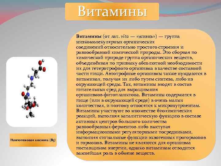 Витамины Пантотеновая кислота (B 5) Витамины (от лат. vita — «жизнь» ) — группа