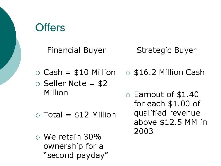 Offers Financial Buyer ¡ ¡ Cash = $10 Million Seller Note = $2 Million