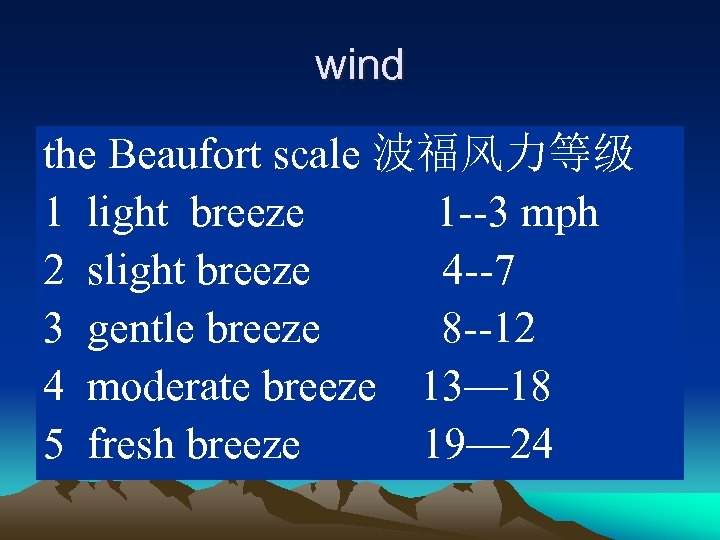 wind the Beaufort scale 波福风力等级 1 light breeze 1 --3 mph 2 slight breeze