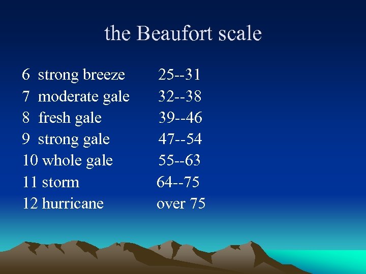 the Beaufort scale 6 strong breeze 25 --31 7 moderate gale 32 --38 8