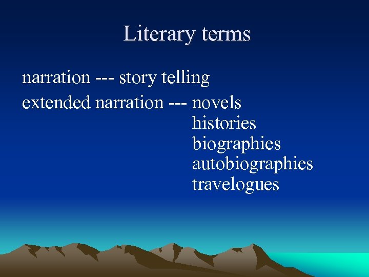  Literary terms narration --- story telling extended narration --- novels histories biographies autobiographies