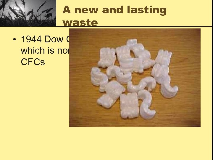 A new and lasting waste • 1944 Dow Chemicals invent Styrofoam, which is non-biodegradable
