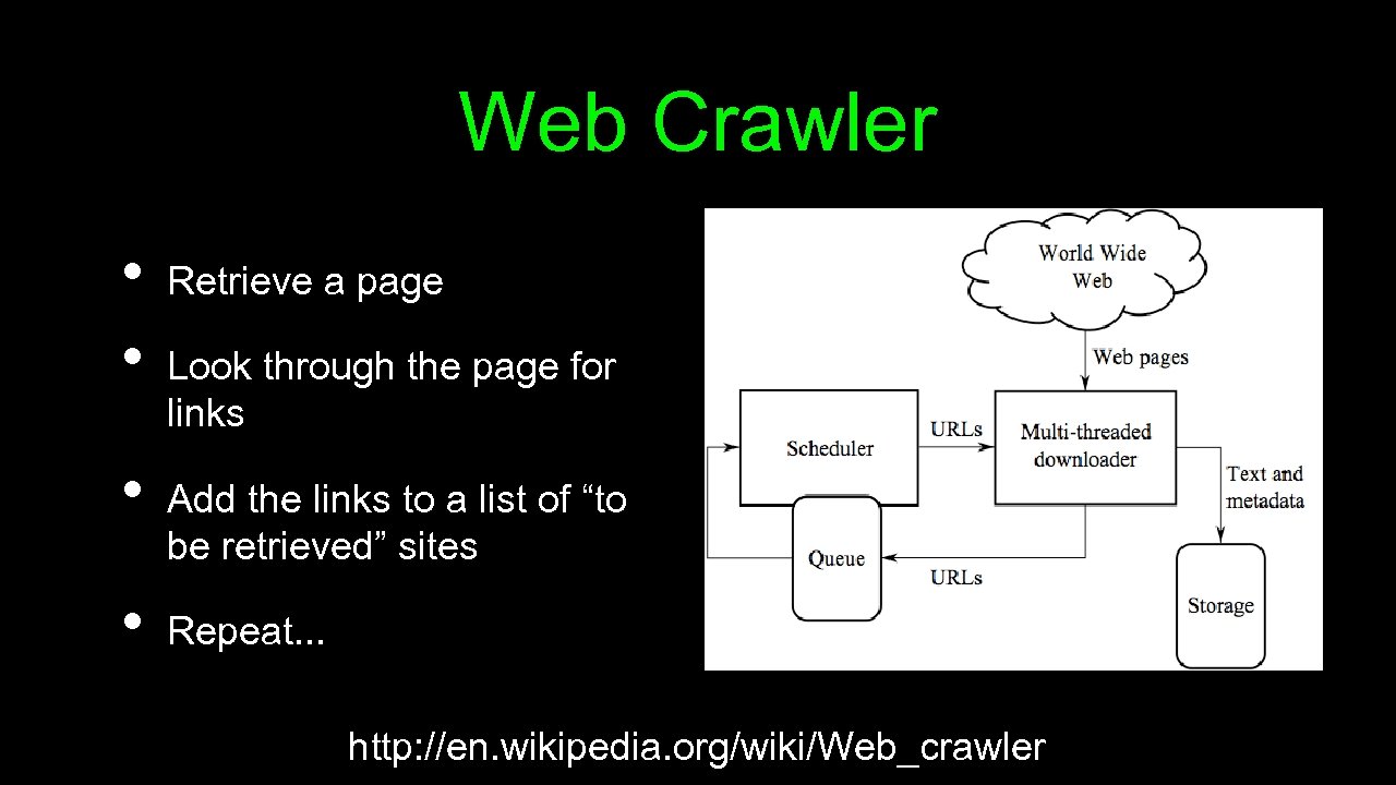 Web Crawler • • Retrieve a page Look through the page for links Add