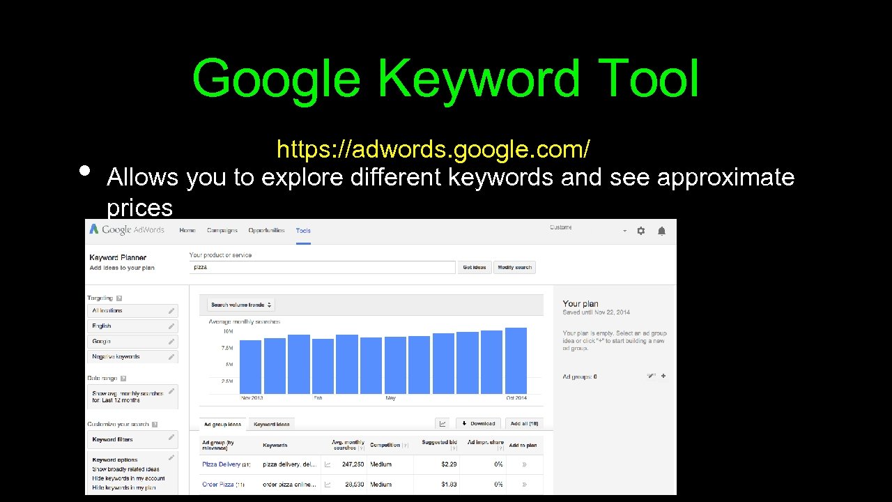 Google Keyword Tool • https: //adwords. google. com/ Allows you to explore different keywords