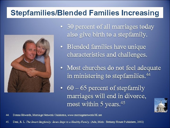 Stepfamilies/Blended Families Increasing • 30 percent of all marriages today also give birth to