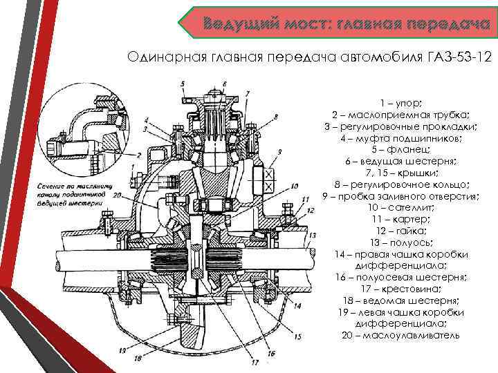 Ведущий мост: главная передача Одинарная главная передача автомобиля ГАЗ-53 -12 1 – упор; 2