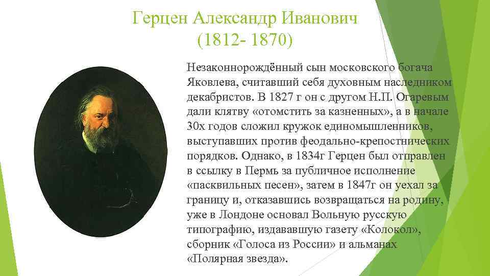 Герцен Александр Иванович (1812 - 1870) Незаконнорождённый сын московского богача Яковлева, считавший себя духовным