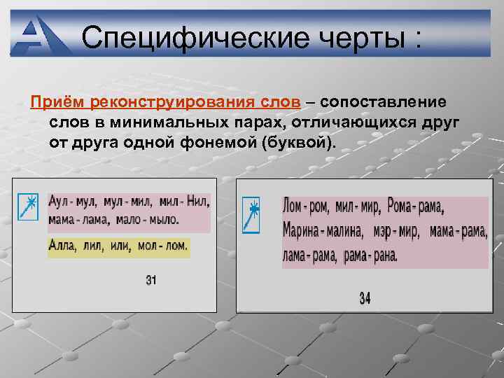 Специфические черты : Приём реконструирования слов – сопоставление слов в минимальных парах, отличающихся друг