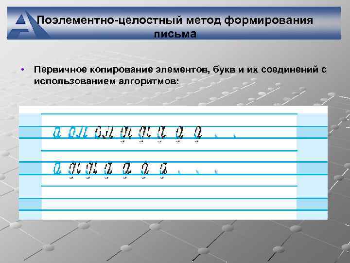 Поэлементно-целостный метод формирования письма • Первичное копирование элементов, букв и их соединений с использованием