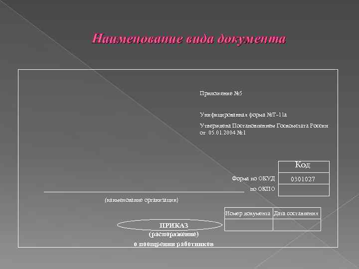 Наименование вида документа Приложение № 5 Унифицированная форма №Т-11 а Утверждена Постановлением Госкомстата России