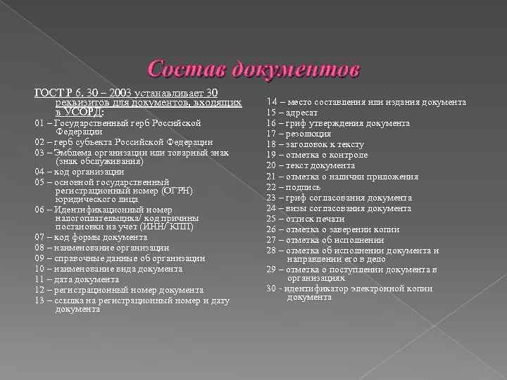Состав документов ГОСТ Р 6. 30 – 2003 устанавливает 30 реквизитов для документов, входящих