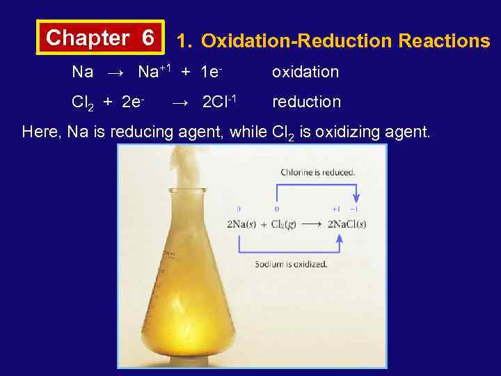 Chapter 6 1. Oxidation-Reduction Reactions Na → Na+1 + 1 e- oxidation Cl 2