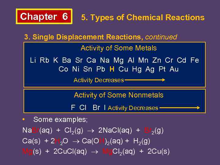 Chapter 6 5. Types of Chemical Reactions 3. Single Displacement Reactions, continued Activity of