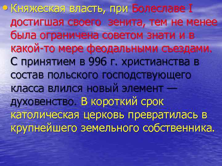  • Княжеская власть, при Болеславе I достигшая своего зенита, тем не менее была