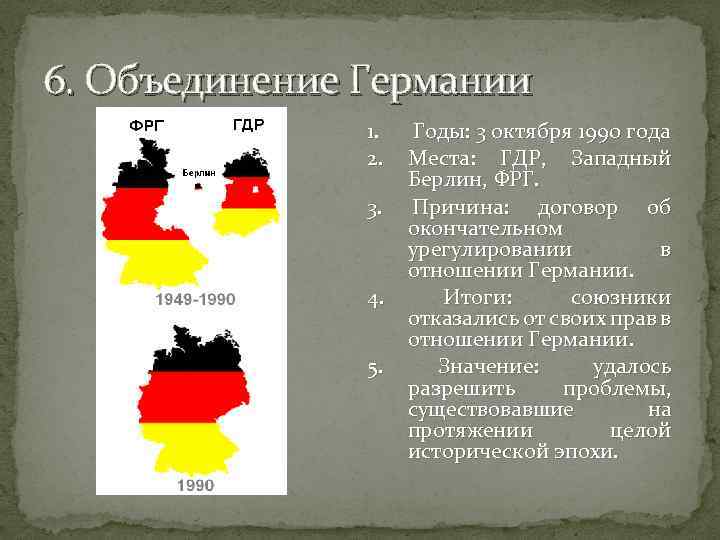 6. Объединение Германии 1. 2. 3. 4. 5. Годы: 3 октября 1990 года Места: