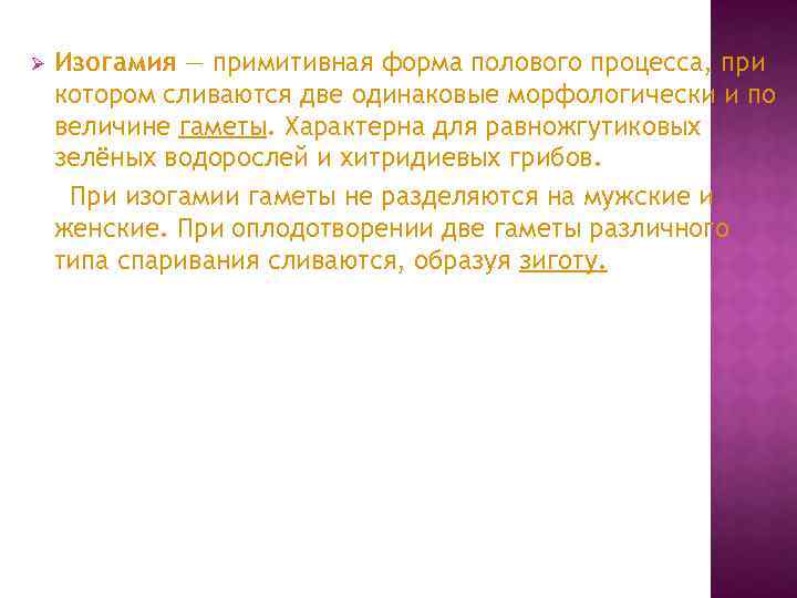 Ø Изогамия — примитивная форма полового процесса, при котором сливаются две одинаковые морфологически и