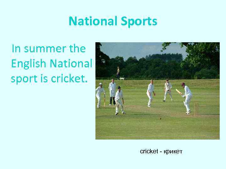 National Sports In summer the English National sport is cricket - крикет 