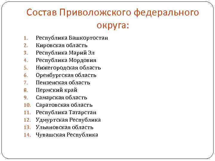 Состав Приволожского федерального округа: 1. 2. 3. 4. 5. 6. 7. 8. 9. 10.