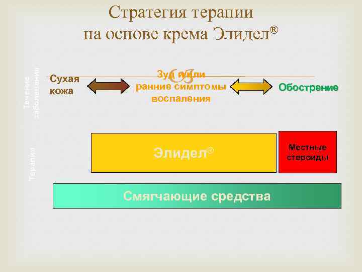 Терапия Течение заболевания Стратегия терапии на основе крема Элидел® Сухая кожа Зуд и/или ранние