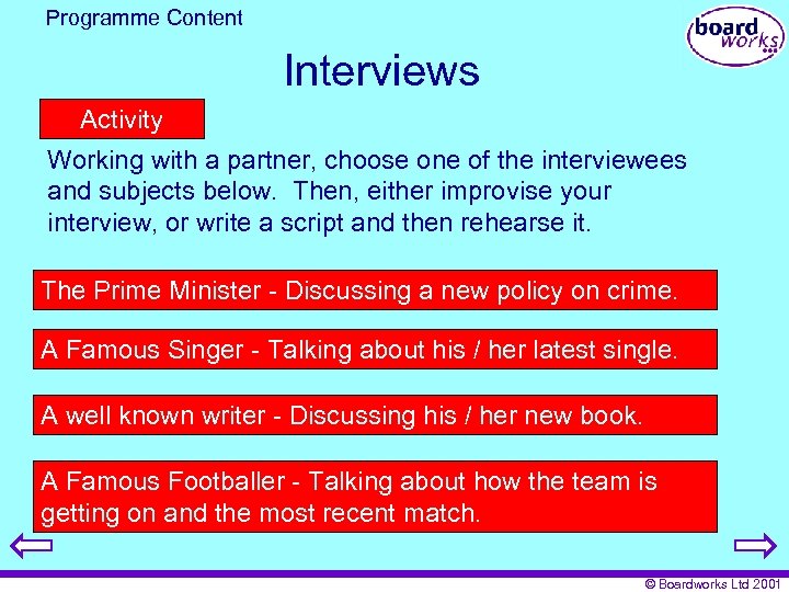 Programme Content Interviews Activity Working with a partner, choose one of the interviewees and