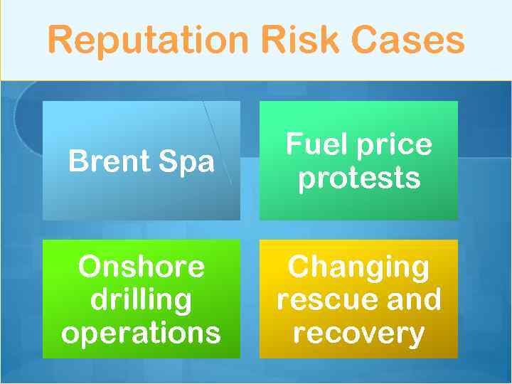 Reputation Risk Cases Brent Spa Fuel price protests Onshore drilling operations Changing rescue and