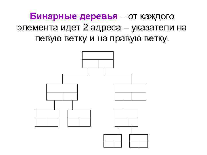 Бинарные деревья – от каждого элемента идет 2 адреса – указатели на левую ветку