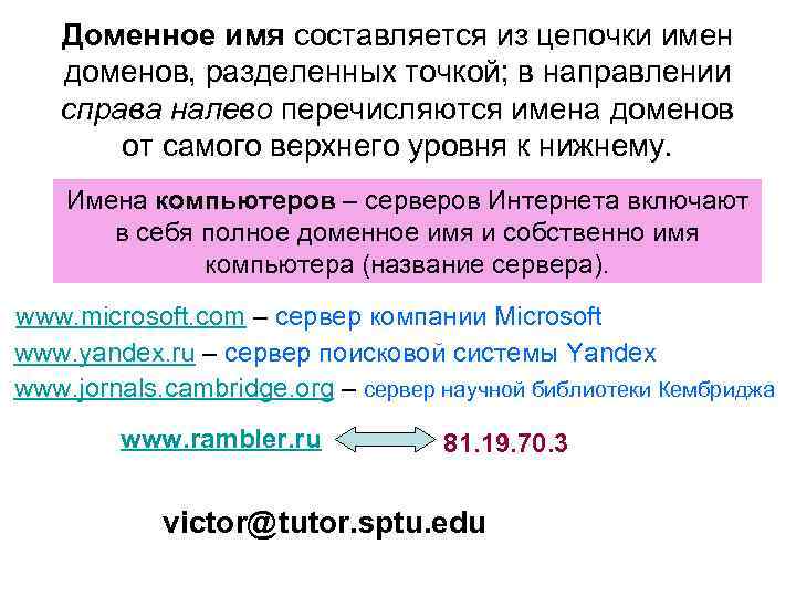 Доменное имя составляется из цепочки имен доменов, разделенных точкой; в направлении справа налево перечисляются