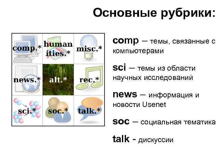 Основные рубрики: comp – темы, связанные с компьютерами sci – темы из области научных