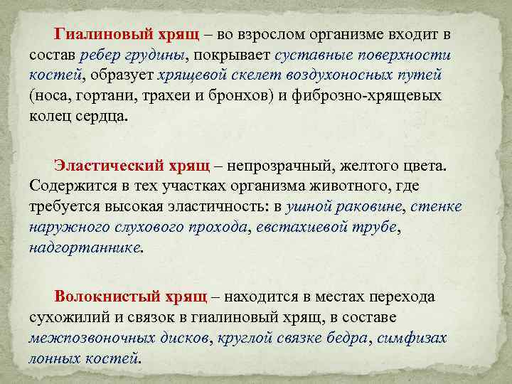 Гиалиновый хрящ – во взрослом организме входит в состав ребер грудины, покрывает суставные поверхности